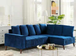 Sale Beliani Divano angolare 3 posti GRENA Velluto Blu marino Lato Sinistro Marrone Blu