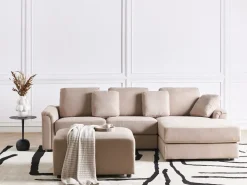 Beliani Divano angolare 4 posti KOHLO Tessuto Tortora con ottomana Lato Sinistro Beige Nero