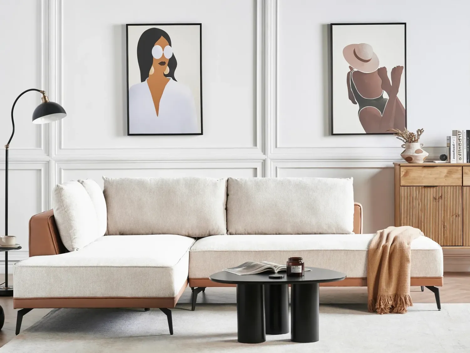 Discount Beliani Divano angolare 3 posti MYKEN Tessuto Beige chiaro Lato destro Beige Marrone Nero