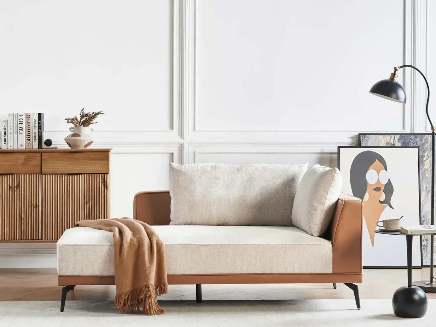 Discount Beliani Divano angolare 3 posti MYKEN Tessuto Beige chiaro Lato destro Beige Marrone Nero