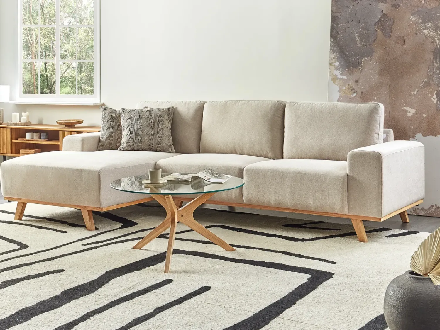 Online Beliani Divano angolare 3 posti NORA Tessuto Beige Beige Marrone
