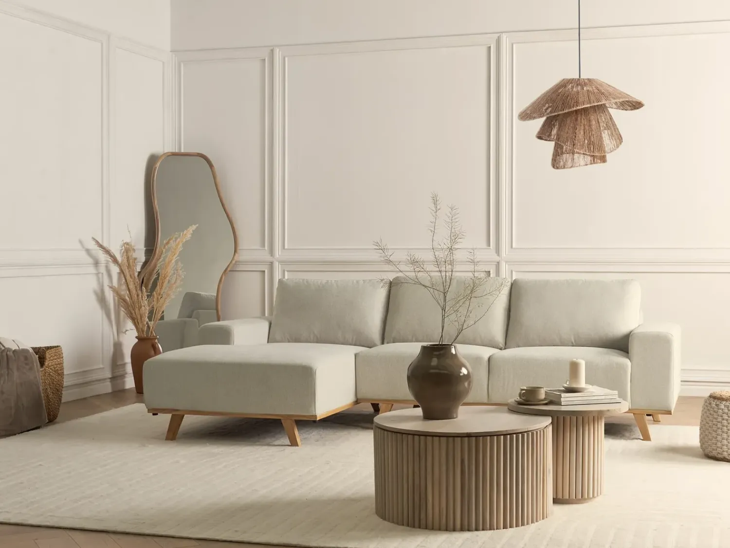 Online Beliani Divano angolare 3 posti NORA Tessuto Beige Beige Marrone