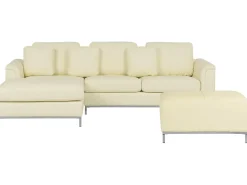 Outlet Beliani Divano angolare 5 posti OSLO Pelle naturale Beige chiaro con ottomana Lato destro Beige Argento