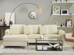 Discount Beliani Divano angolare 4 posti OSLO Pelle naturale Beige chiaro Lato destro Beige Argento