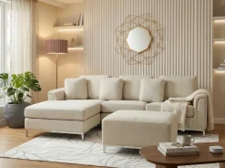 Online Beliani Divano angolare 5 posti OSLO Tessuto Beige con ottomana Lato destro Beige Argento