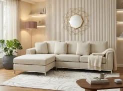 Online Beliani Divano angolare 5 posti OSLO Tessuto Beige con ottomana Lato destro Beige Argento