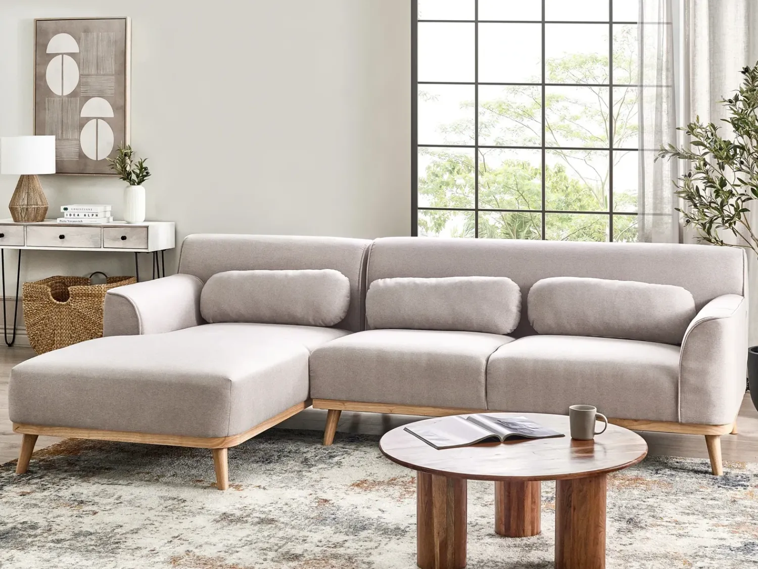 Outlet Beliani Divano angolare 3 posti SIMOS Tessuto Grigio chiaro Marrone Grigio