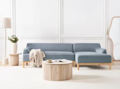 Clearance Beliani Divano angolare 3 posti SOSJO Tessuto Blu Lato Sinistro Marrone Blu