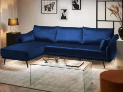 Hot Beliani Divano angolare 3 posti VARDE Velluto Blu marino LED Lato destro Blu Nero