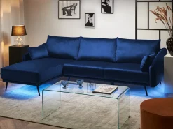 Hot Beliani Divano angolare 3 posti VARDE Velluto Blu marino LED Lato destro Blu Nero