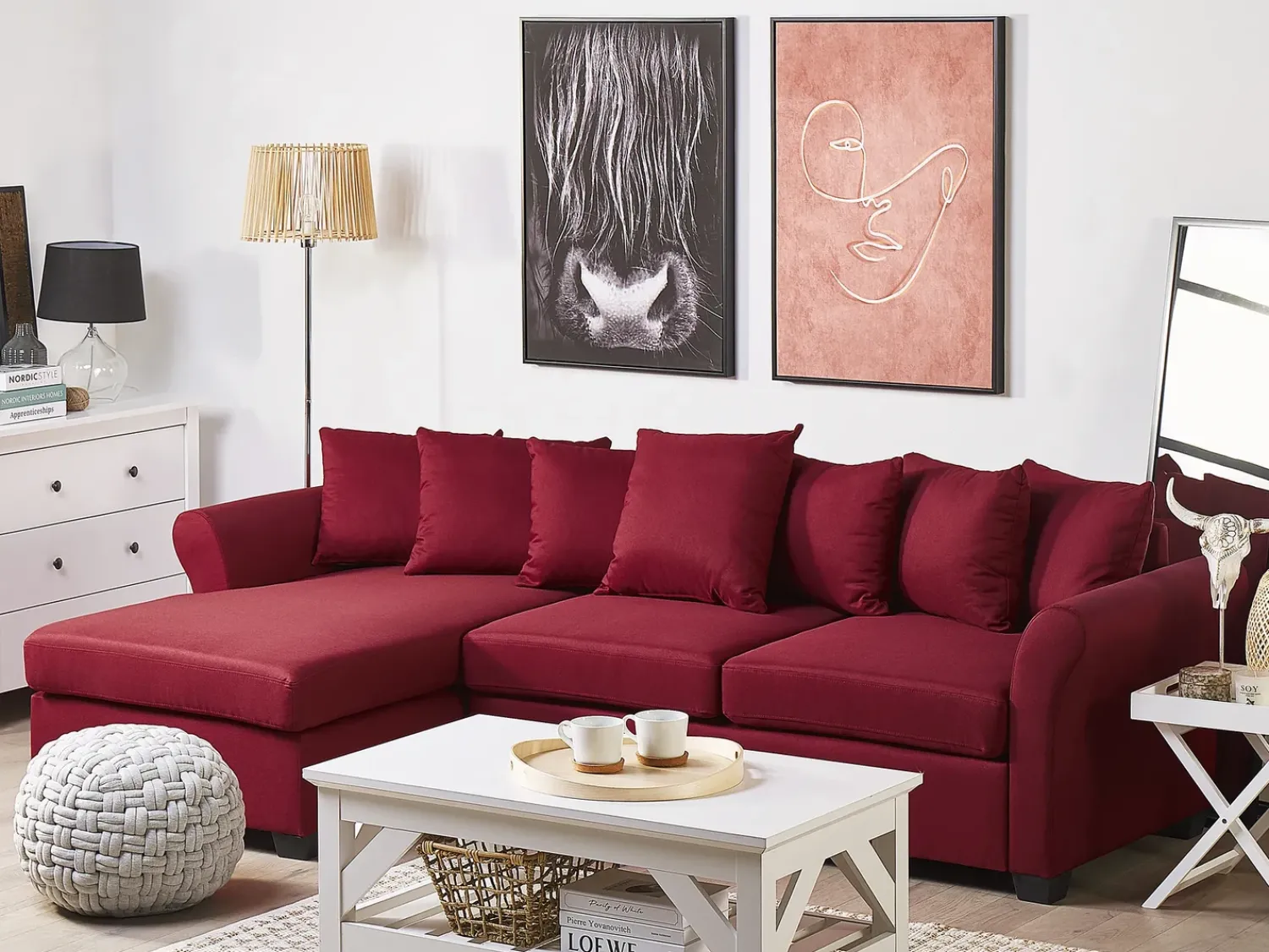Discount Beliani Divano angolare 3 posti VIKNA Tessuto Rosso scuro Lato destro Rosso Nero