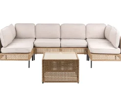 Beliani Divano da giardino a forma di U 6 posti OMEGANA Modulare Rattan sintetico (PE) Beige chiaro Beige Nero