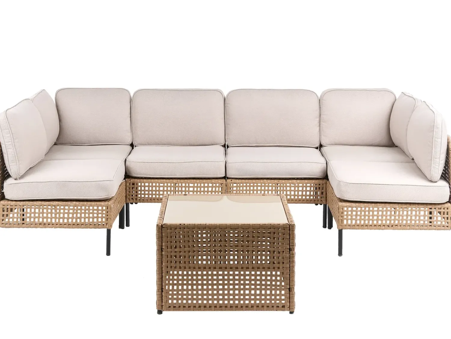 Beliani Divano da giardino a forma di U 6 posti OMEGANA Modulare Rattan sintetico (PE) Beige chiaro Beige Nero
