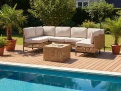 Beliani Divano da giardino a forma di U 6 posti OMEGANA Modulare Rattan sintetico (PE) Beige chiaro Beige Nero