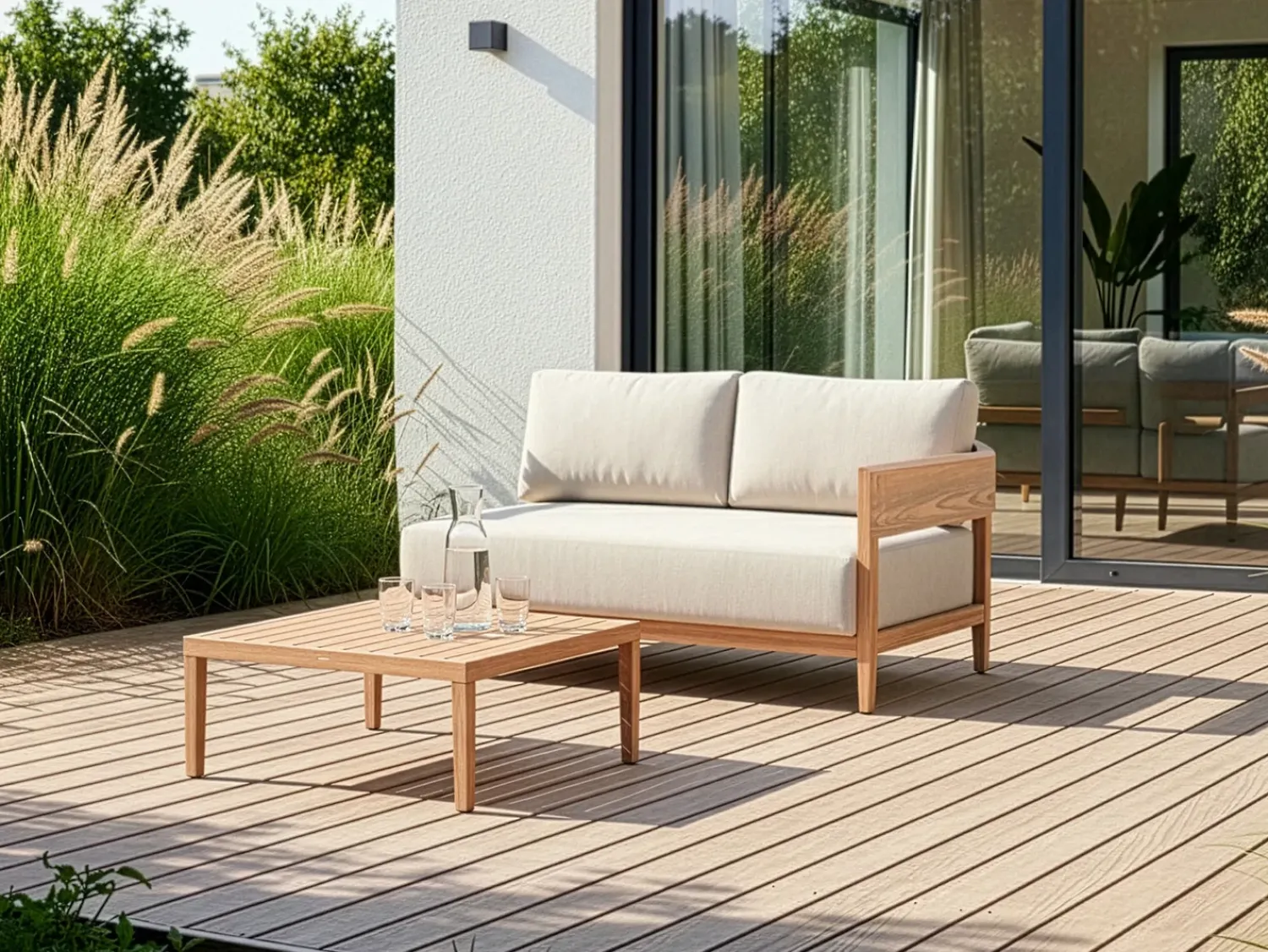 Outlet Beliani Divano da giardino con tavolo 2 posti SAMPIERI Metallo Marrone chiaro Beige Marrone