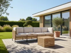 Clearance Beliani Divano da giardino con tavolo 4 posti OMEGANA Modulare Rattan sintetico (PE) Beige chiaro Beige Nero