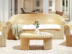 New Beliani Divano da giardino 3 posti LIVADEIA Rattan Naturale Bianco Naturale