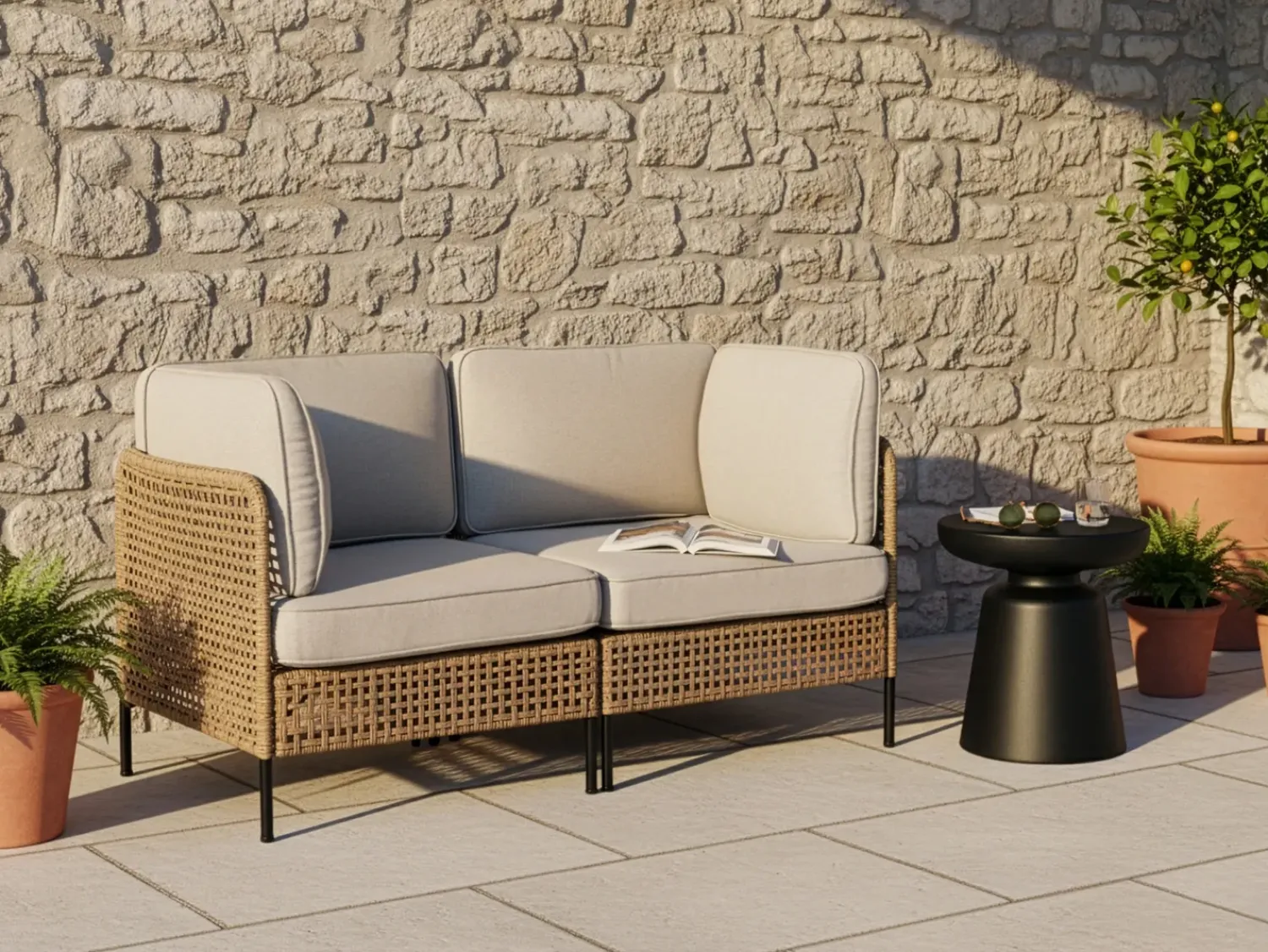 Outlet Beliani Divano da giardino 2 posti OMEGANA Rattan sintetico (PE) Beige chiaro Beige Nero