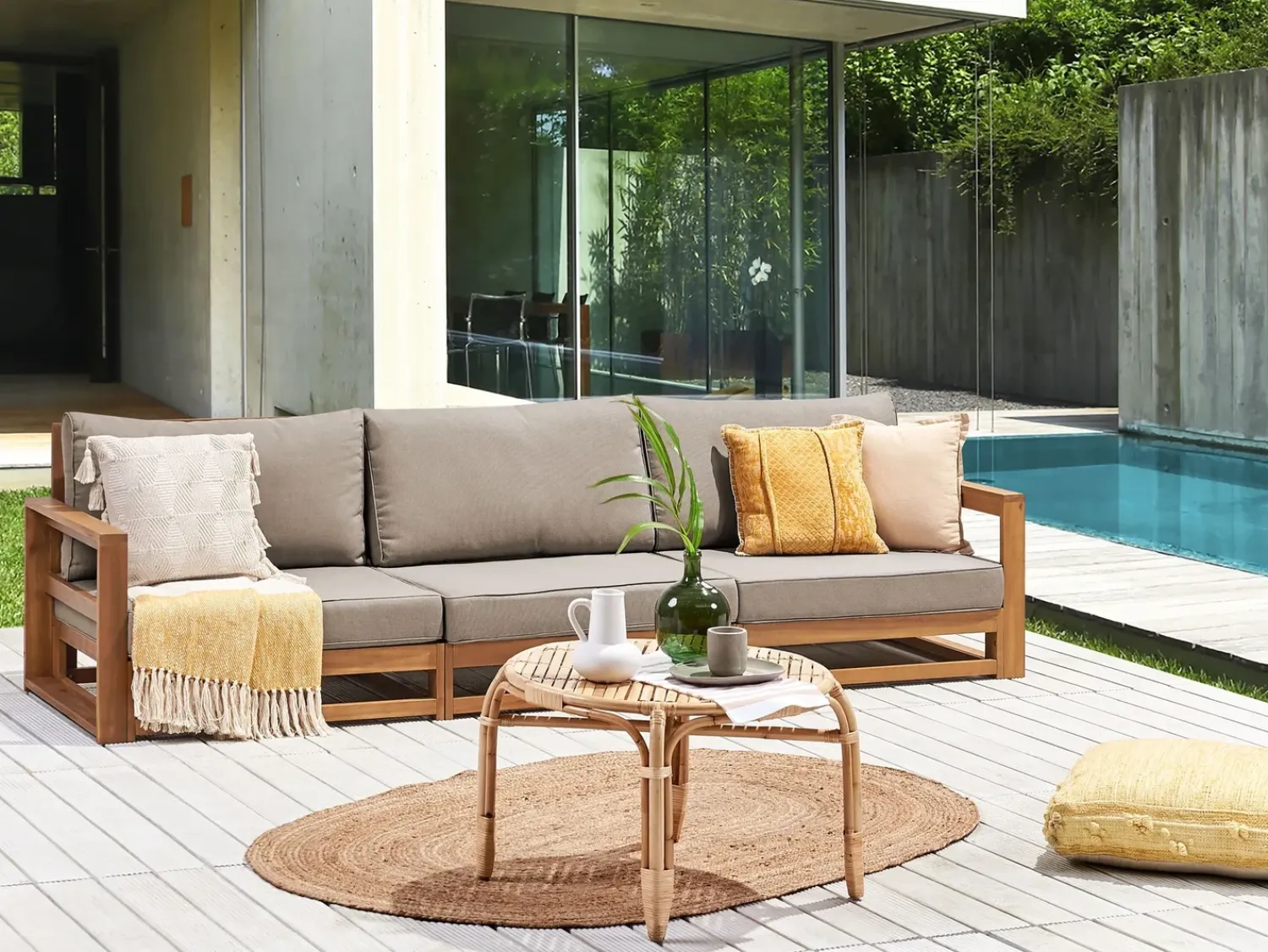 Best Beliani Divano da giardino 3 posti TIMOR Modulare Legno di acacia certificato Marrone chiaro Beige Grigio Marrone