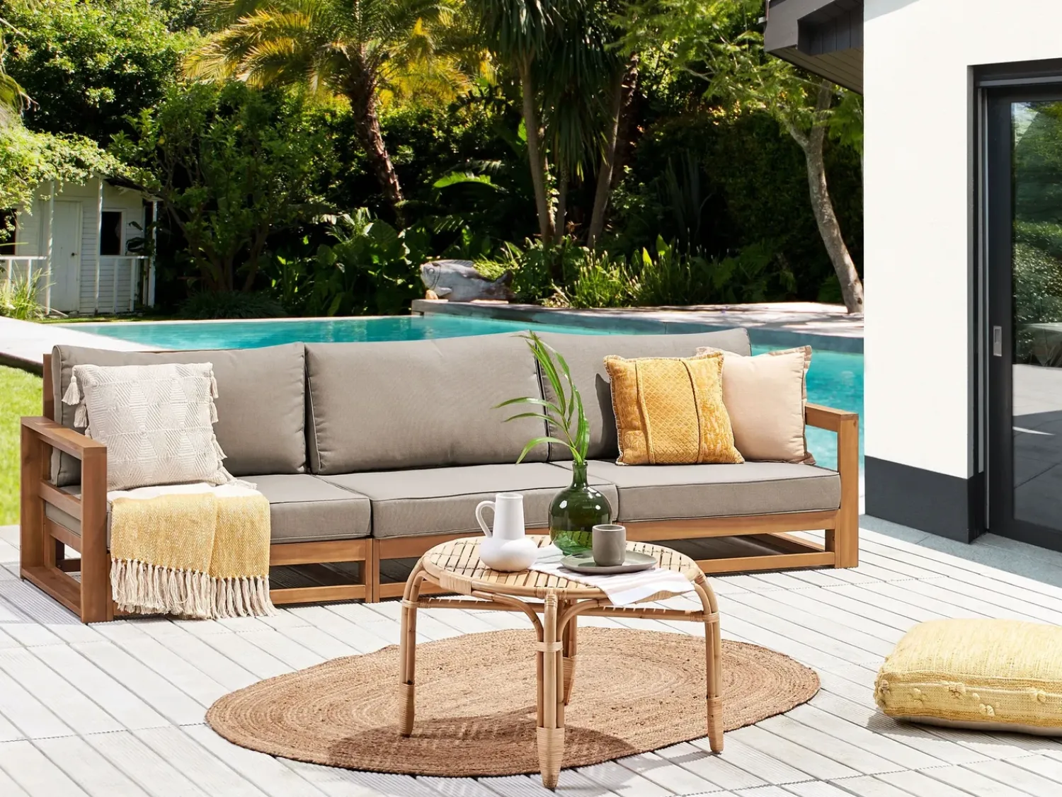 Best Beliani Divano da giardino 3 posti TIMOR Modulare Legno di acacia certificato Marrone chiaro Beige Grigio Marrone