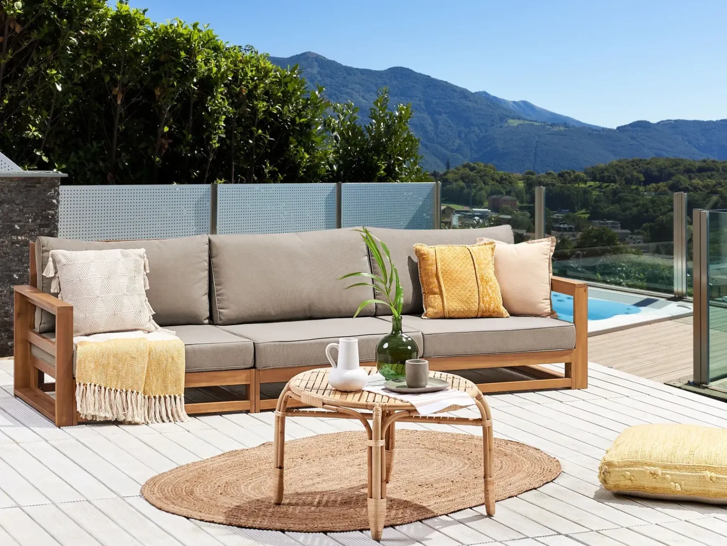 Best Beliani Divano da giardino 3 posti TIMOR Modulare Legno di acacia certificato Marrone chiaro Beige Grigio Marrone