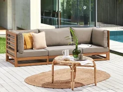 Best Beliani Divano da giardino 3 posti TRANI Modulare Legno di acacia certificato Marrone chiaro Beige Grigio Marrone
