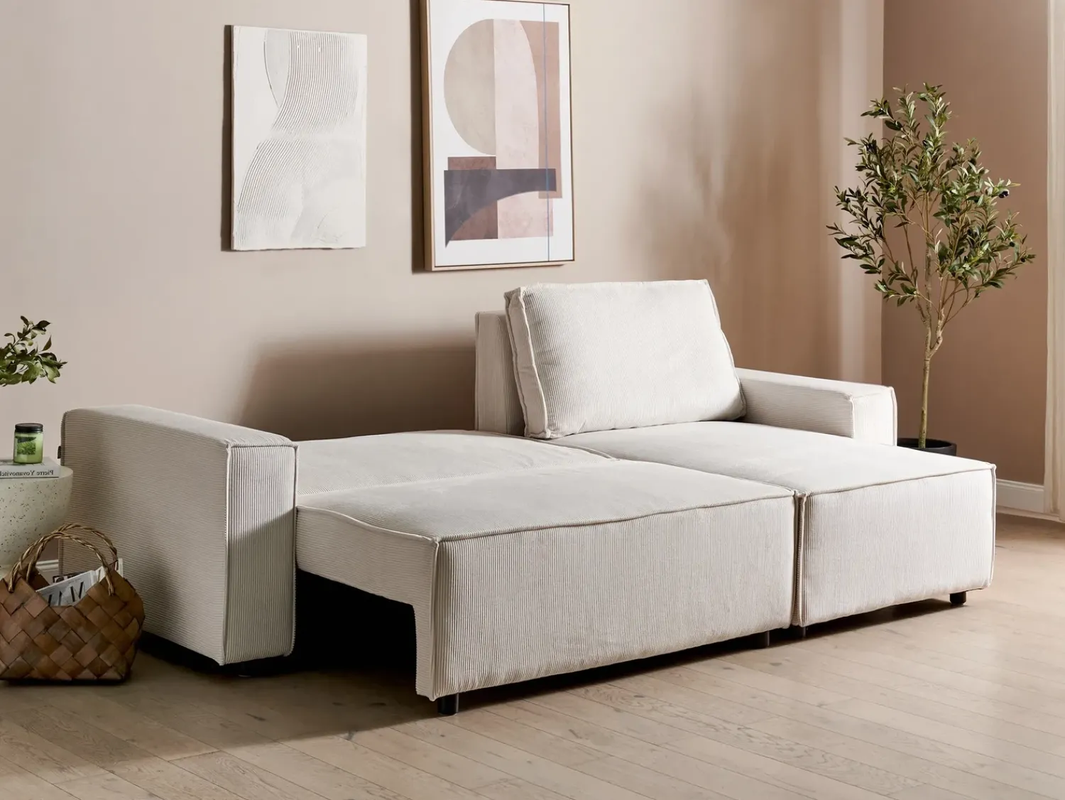 Best Beliani Divano letto angolare 3 posti ABACKA Velluto a coste Bianco sporco Bianco Nero