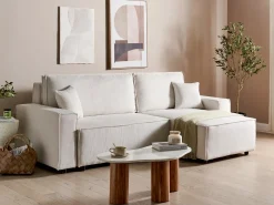 Best Beliani Divano letto angolare 3 posti ABACKA Velluto a coste Bianco sporco Bianco Nero
