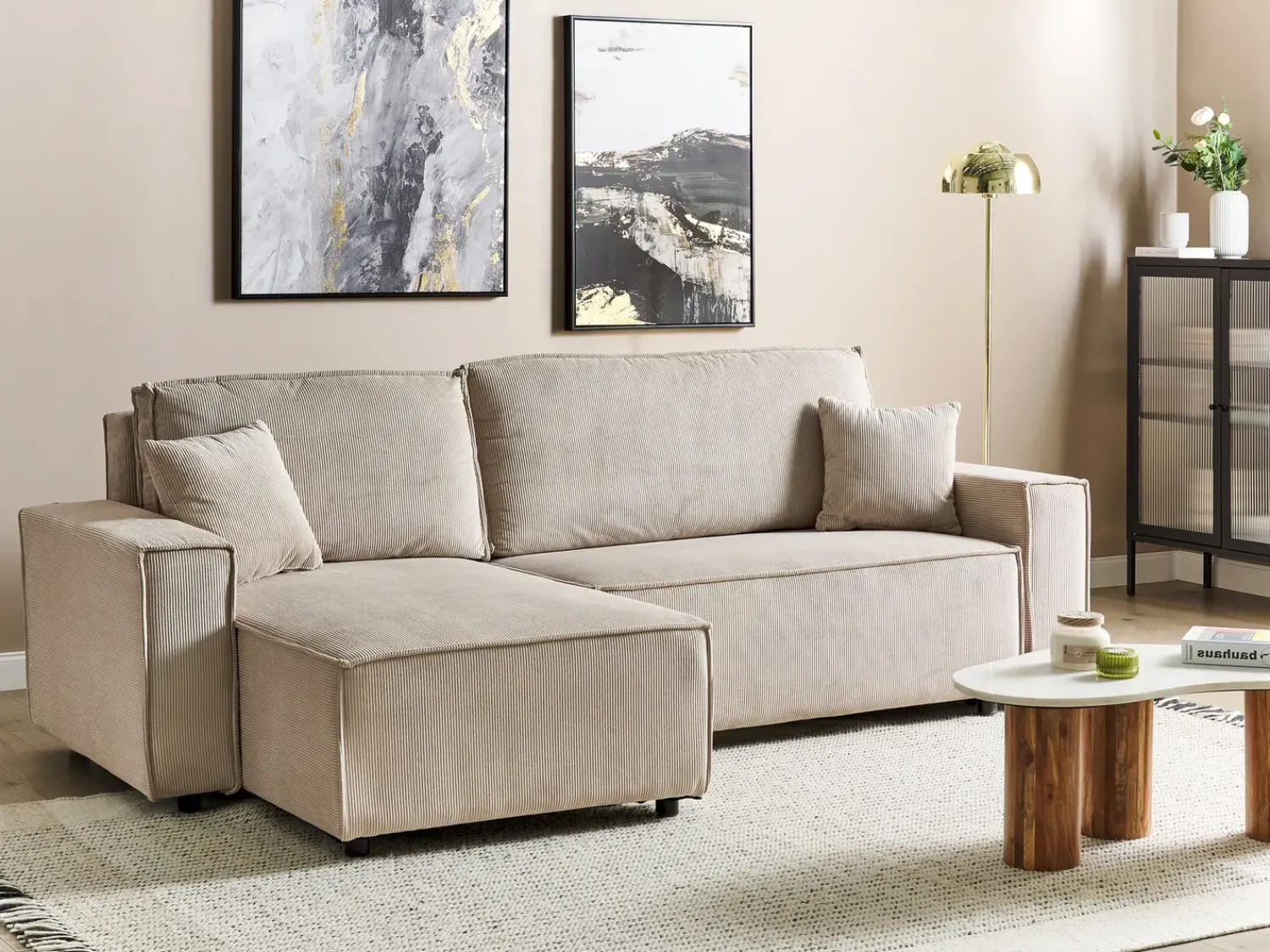 Online Beliani Divano letto angolare 3 posti ABACKA Velluto a coste Beige Beige Nero