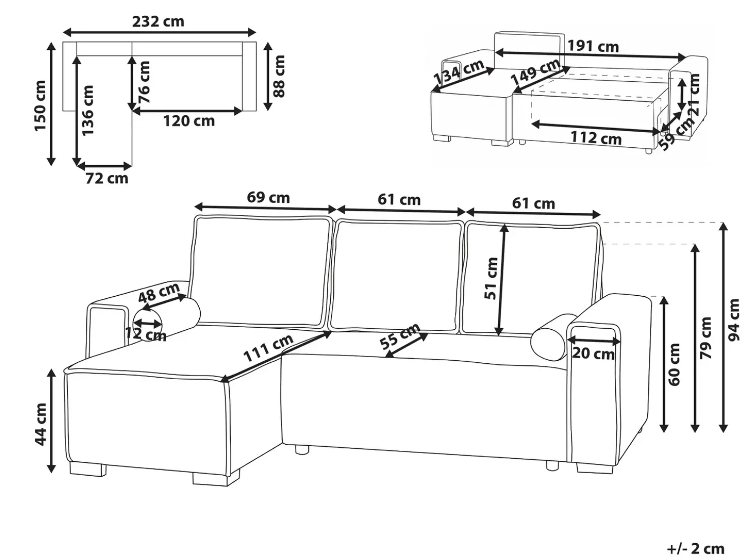 Divano letto angolare 3 posti EDANE Tessuto Beige con contenitore Lato destro
