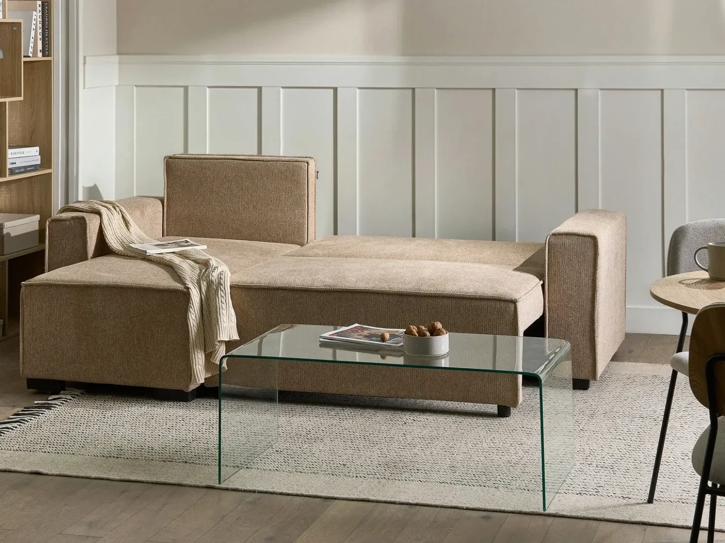 Divano letto angolare 3 posti EDANE Tessuto Beige con contenitore Lato destro