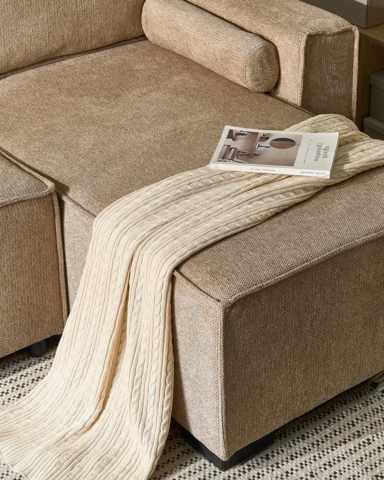 Divano letto angolare 3 posti EDANE Tessuto Beige con contenitore Lato Sinistro