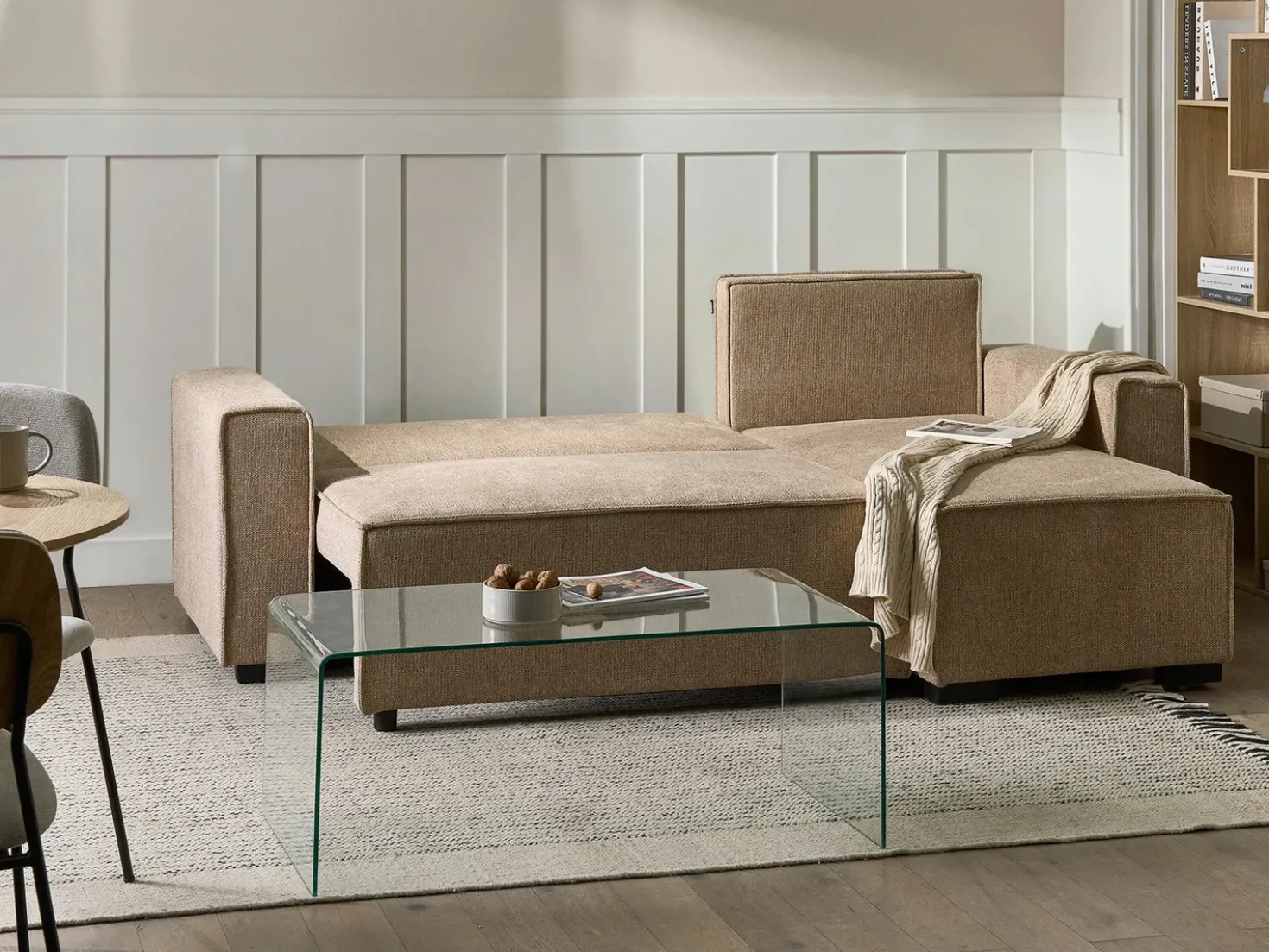Divano letto angolare 3 posti EDANE Tessuto Beige con contenitore Lato Sinistro