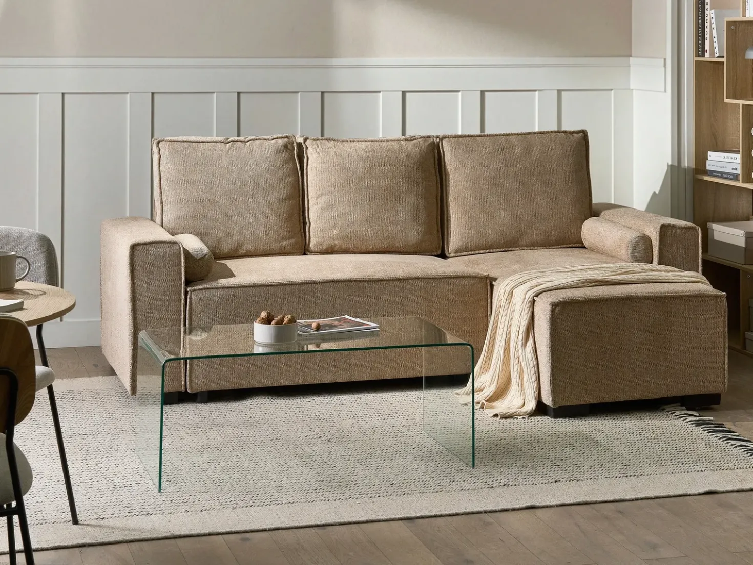 Divano letto angolare 3 posti EDANE Tessuto Beige con contenitore Lato Sinistro