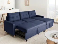 Hot Beliani Divano letto angolare 4 posti FLAKK Tessuto Blu marino con contenitore Lato Sinistro Marrone Blu
