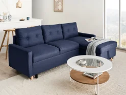 Hot Beliani Divano letto angolare 4 posti FLAKK Tessuto Blu marino con contenitore Lato Sinistro Marrone Blu