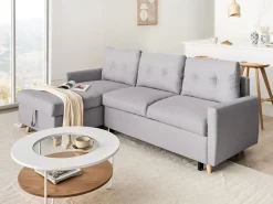 Hot Beliani Divano letto angolare 4 posti FLAKK Tessuto Grigio chiaro con contenitore Marrone Grigio