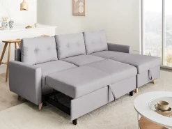 Outlet Beliani Divano letto angolare 4 posti FLAKK Tessuto Grigio chiaro con contenitore Marrone Grigio