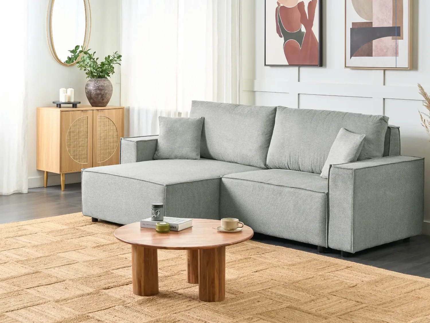 New Beliani Divano letto angolare 3 posti KARILA Tessuto con contenitore Grigio