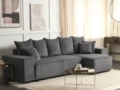 Outlet Beliani Divano letto angolare 3 posti LUSPA Velluto a coste Grigio scuro con contenitore Grigio Nero