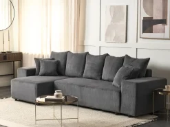 Hot Beliani Divano letto angolare 3 posti LUSPA Velluto a coste Grigio scuro con contenitore Grigio Nero
