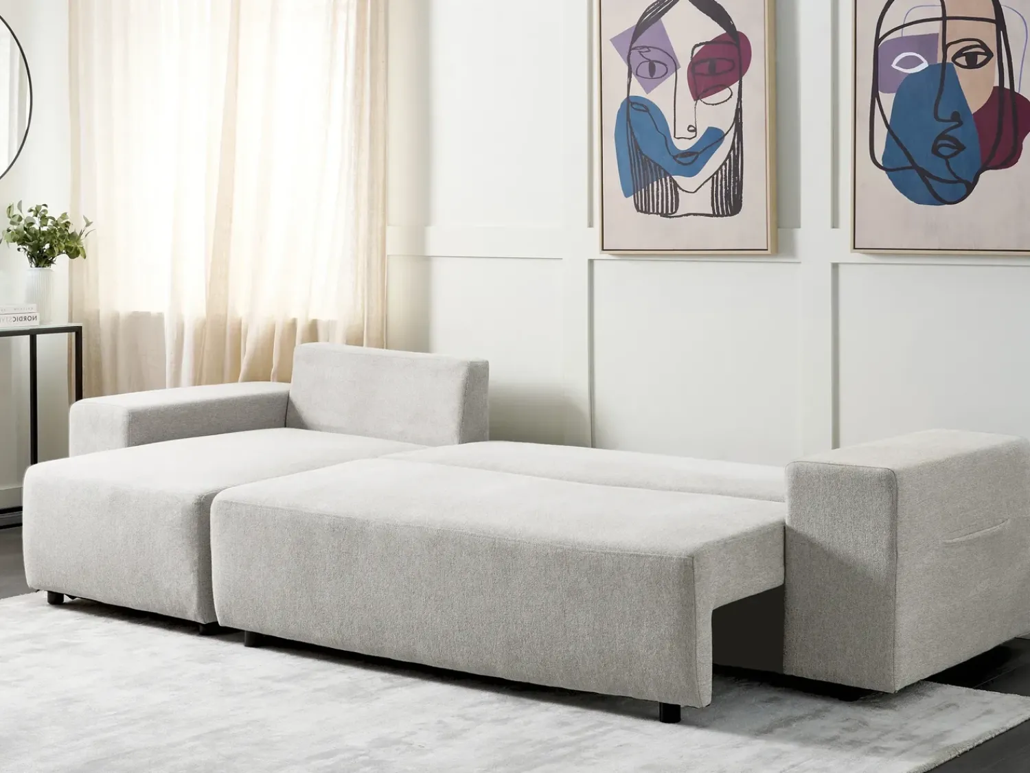 Outlet Beliani Divano letto angolare 3 posti LUSPA Tessuto Grigio chiaro con contenitore Grigio Nero