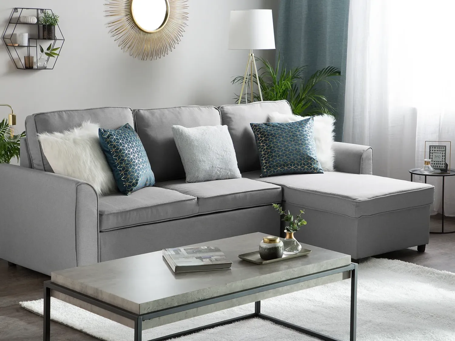 Hot Beliani Divano letto angolare 3 posti NESNA Tessuto chiaro con contenitore Grigio