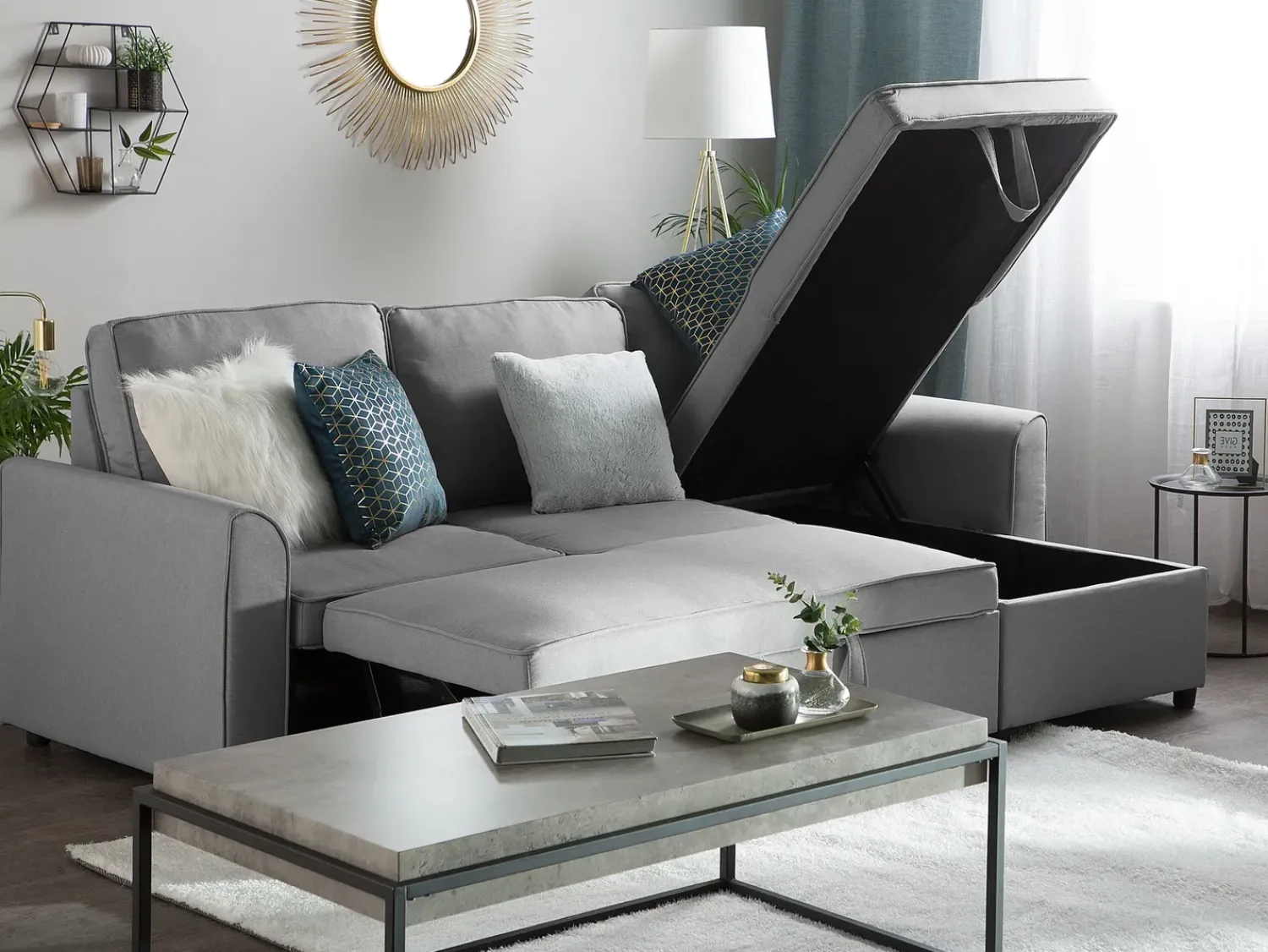Hot Beliani Divano letto angolare 3 posti NESNA Tessuto chiaro con contenitore Grigio