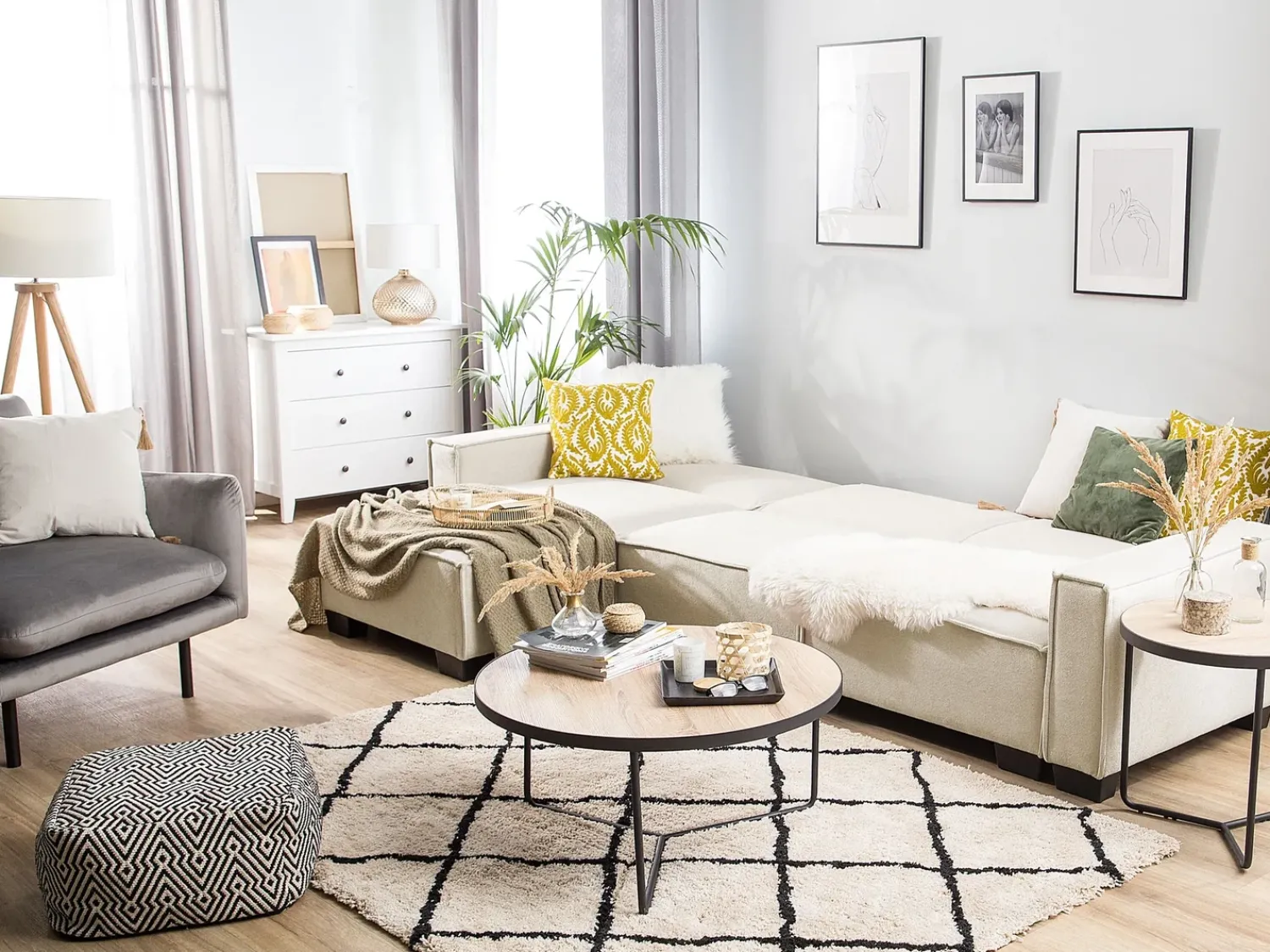 Sale Beliani Divano letto angolare 3 posti ROMEDAL Tessuto Beige Beige Nero