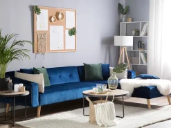 Beliani Divano letto angolare 4 posti VADSO Velluto Blu marino Lato Sinistro Marrone Blu