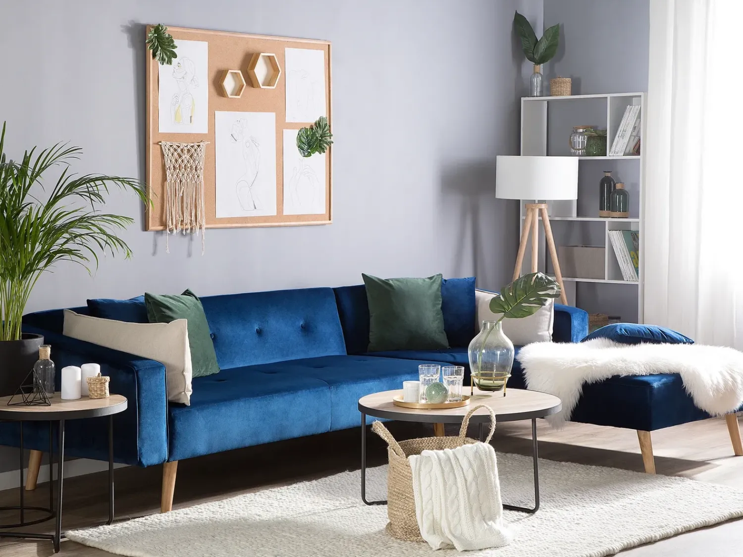 Beliani Divano letto angolare 4 posti VADSO Velluto Blu marino Lato Sinistro Marrone Blu
