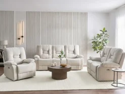 Divano reclinabile elettrico 3 posti BERGEN Velluto Beige chiaro con porta USB