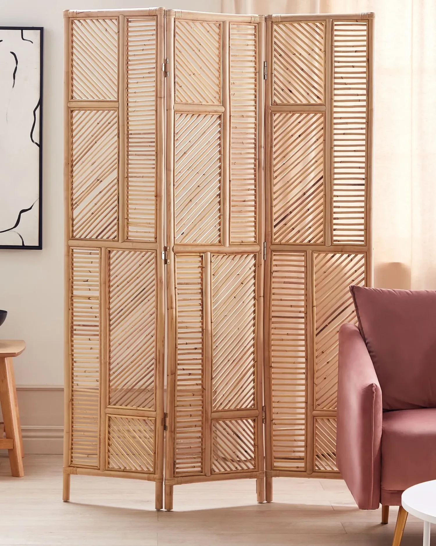 Hot Beliani Divisorio per ambienti a 3 pannelli LAMEZIA Marrone chiaro 117 cm 180 cm Beige Naturale