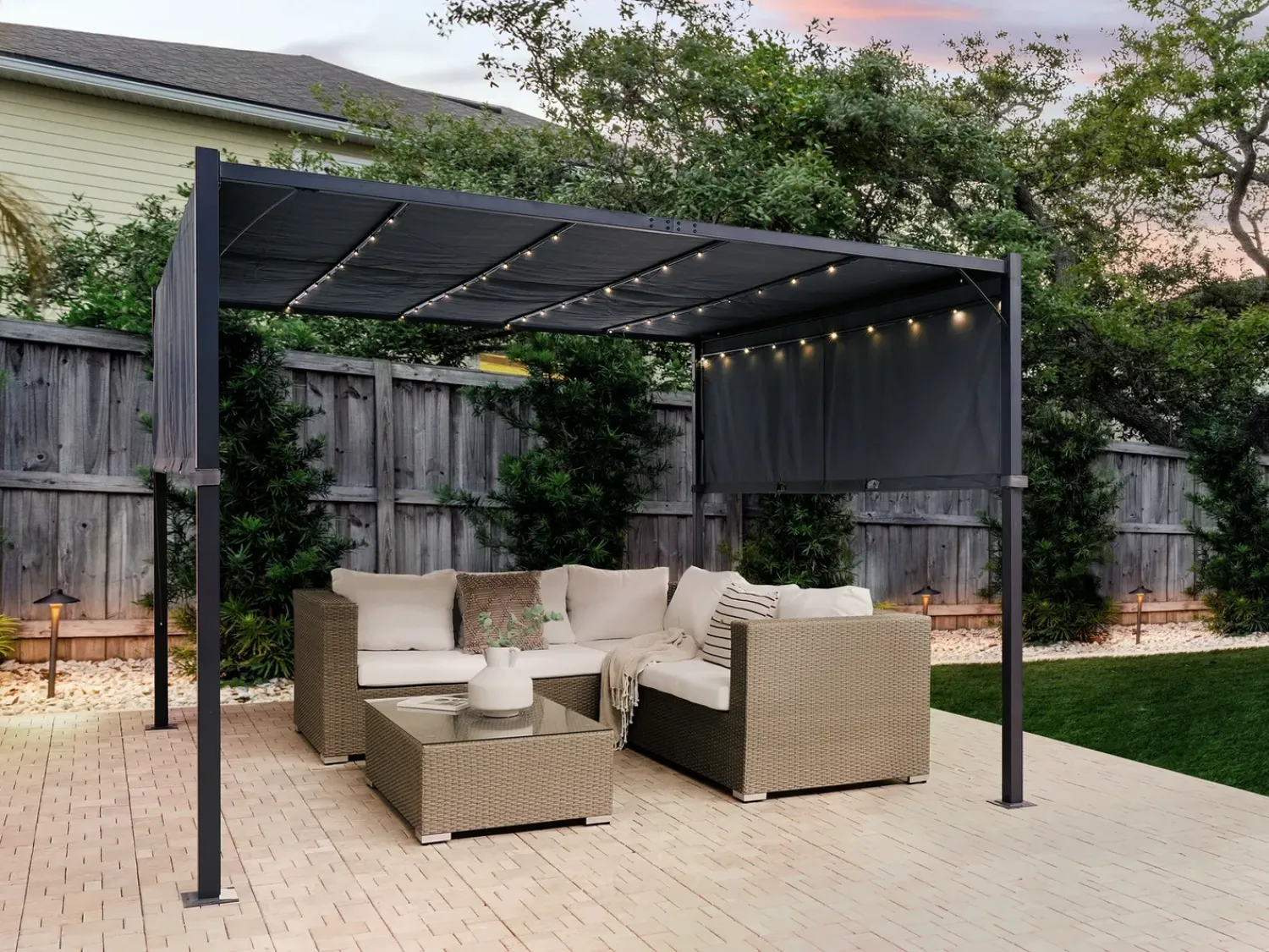 Online Beliani Gazebo LED PARGA Metallo 310 cm 310 cm Grigio scuro Grigio Nero